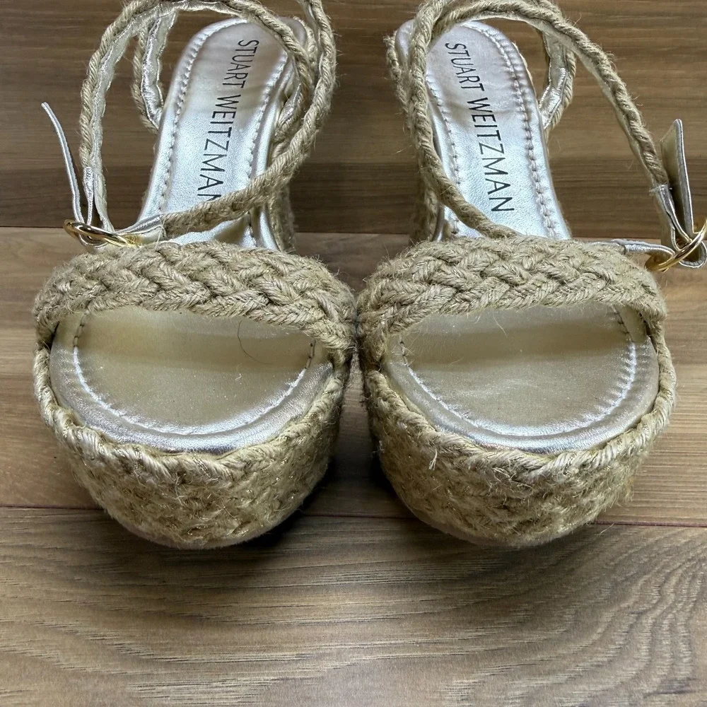 Stuart Weitzman Braida Wedge Heels 7 B Natural Jute Ankle Strap Platform - Picture 3 of 10